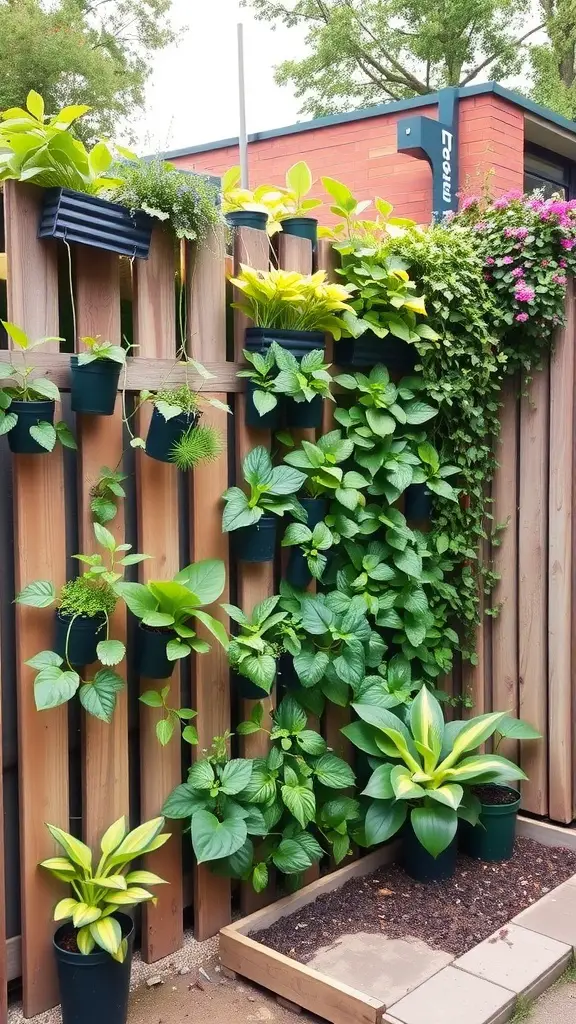 A vertical garden featuring various plants in pots attached to a wooden wall.