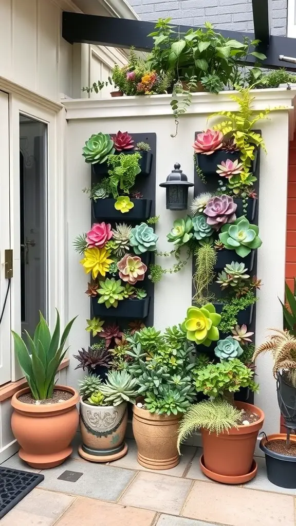 A vertical planter filled with colorful succulents on a wall, surrounded by various pots on the ground.