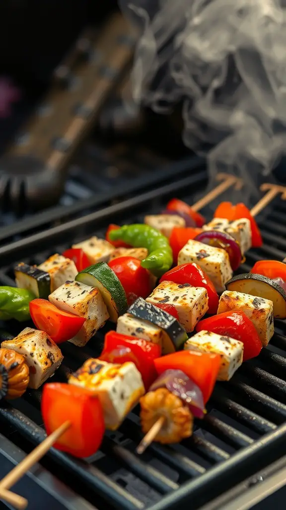 Grilled vegetable and halloumi kebabs on a barbecue grill