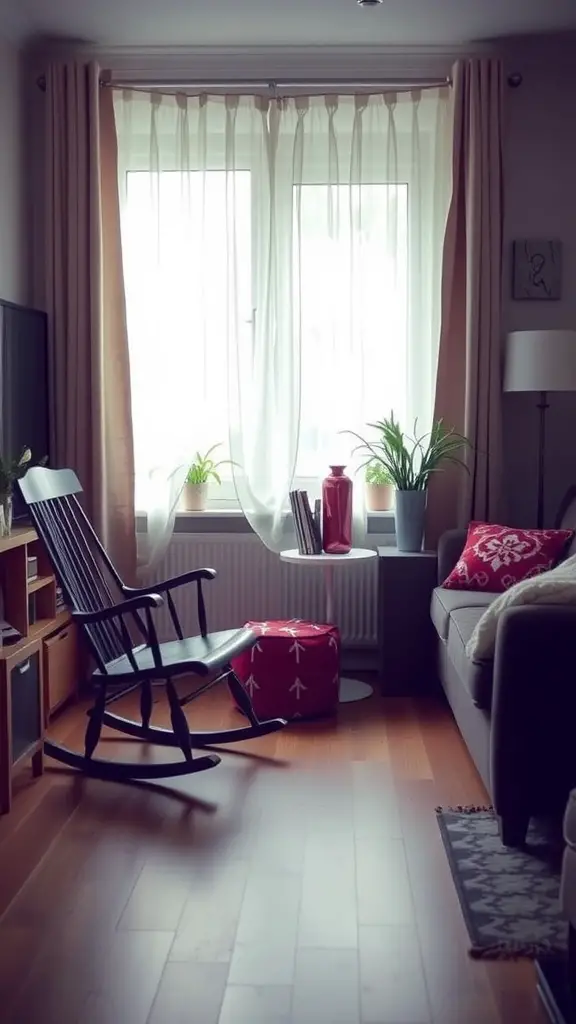 A cozy mothers' room featuring a rocking chair, a plush sofa, and a bright red pouf, with natural light and plants creating a warm atmosphere.