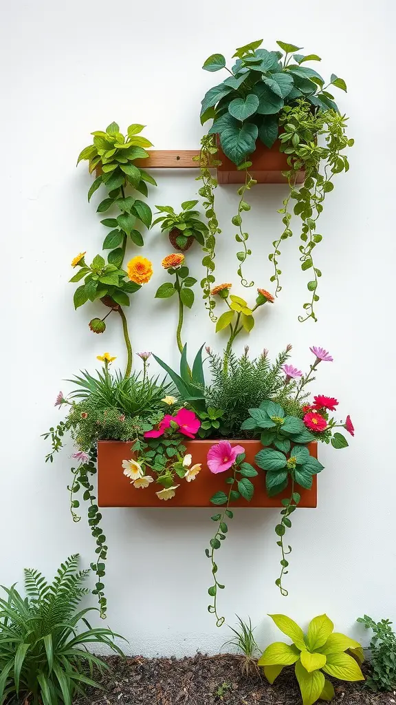 Vertical flower box garden with various plants mounted on a wall.