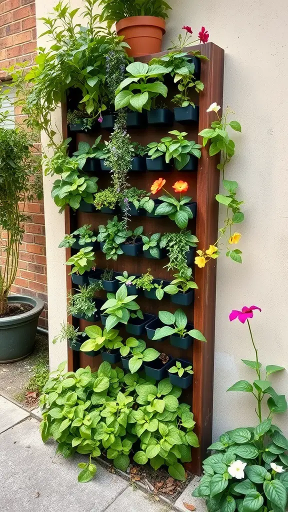 A vertical garden bed with various plants in pots attached to a wooden frame.