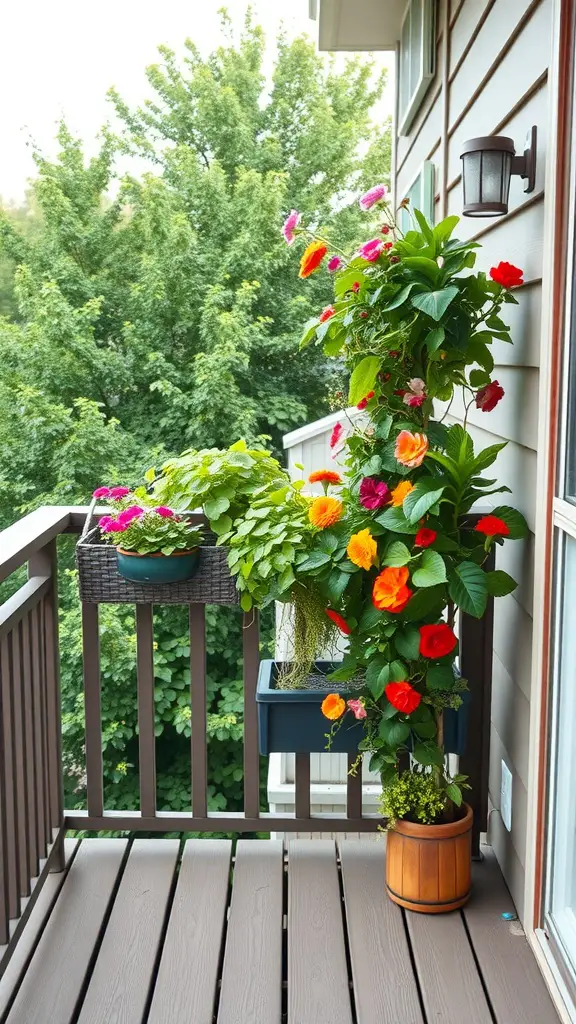 21 Inspiring Small Deck Ideas to Maximize Your Outdoor Space 6 Image of a vertical garden on a deck railing with colorful flowers and lush greenery.