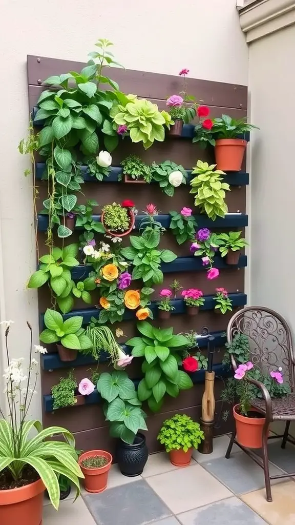 A vertical garden wall with various colorful plants and flowers in pots.