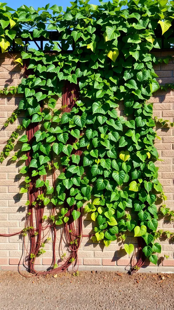 A vertical garden featuring climbing vines against a textured wall.