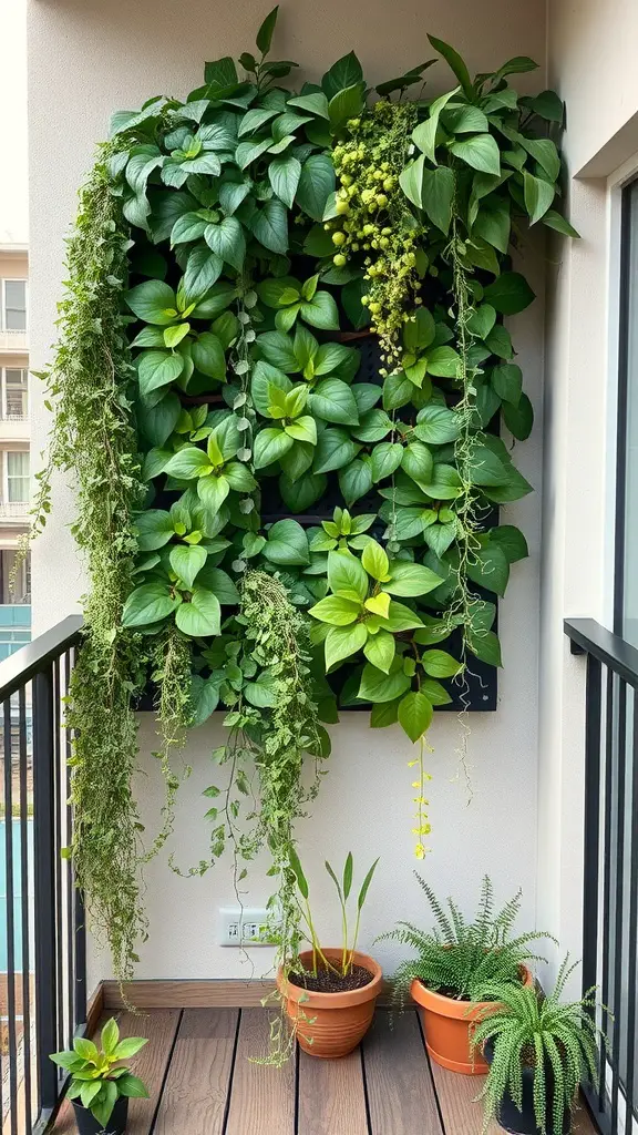 A vertical garden with lush green plants cascading down a wall, along with some potted plants on the floor.