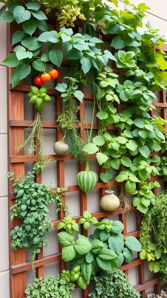 A vertical garden with a wooden trellis filled with various plants, including tomatoes, herbs, and leafy greens.