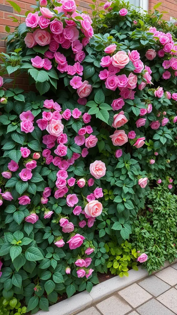 13 Creative Deer Resistant Landscaping Ideas for Your Garden 15 A vertical garden with climbing pink roses against a brick wall.