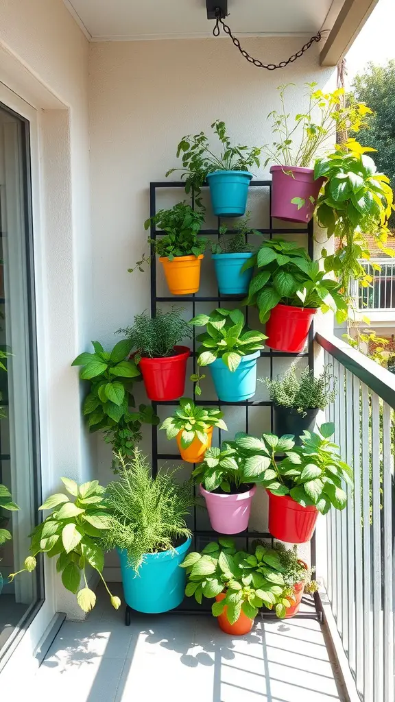 A colorful vertical herb garden on a balcony with various potted plants