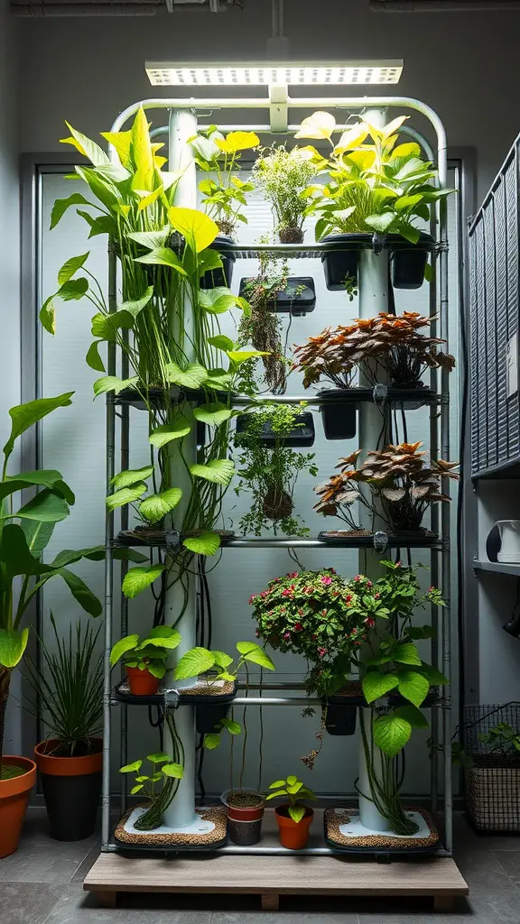 A vertical hydroponic system filled with various plants, including leafy greens and herbs, under a bright light.