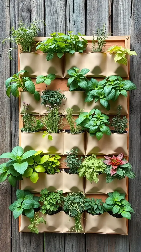 Vertical wall herb garden with various herbs planted in wall-mounted planters.