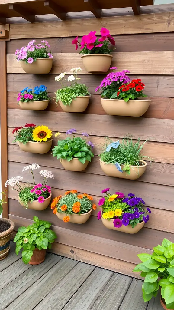 15 Creative DIY Deck Planter Ideas to Enhance Your Outdoor Space 7 A variety of colorful flowers arranged in wall-mounted planters on a wooden wall.