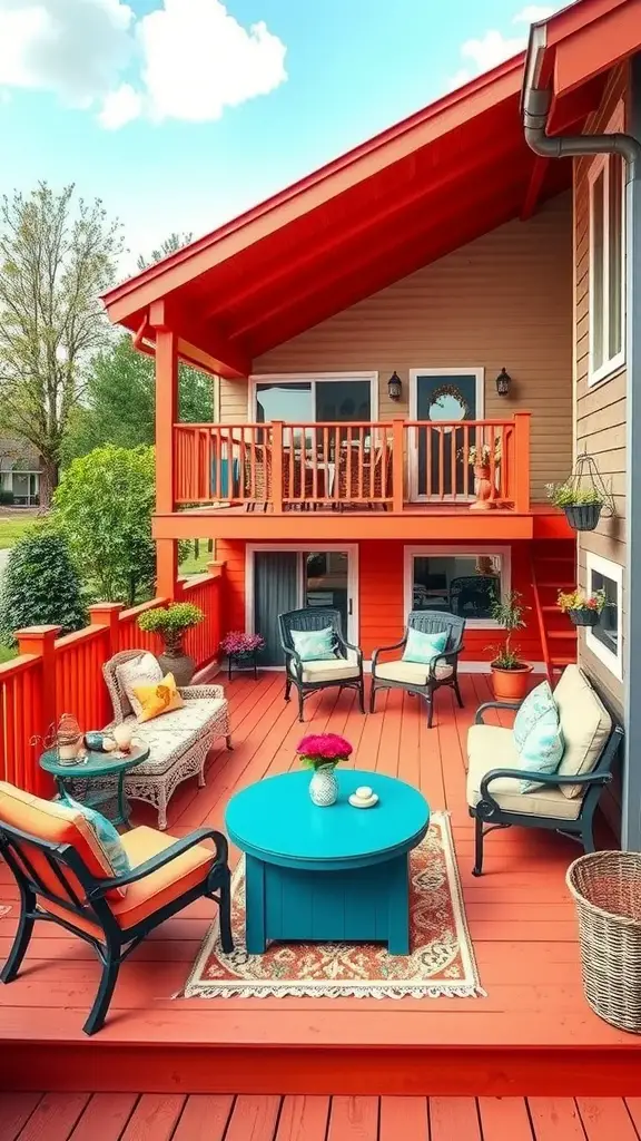 19 Stunning Two-Level Deck Ideas for Your Home 14 A colorful two-level deck with red walls and turquoise furniture, surrounded by greenery.