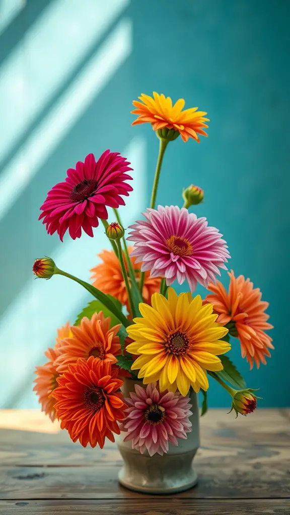 33 Stunning Summer Wedding Flower Ideas You’ll Love 2 A vibrant bouquet of dahlias in various colors including pink, orange, yellow, and purple, arranged in a simple vase against a blue background.