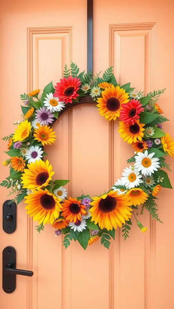 35 Stunning Summer Wreath Ideas for Your Front Door 4 A vibrant floral wreath featuring sunflowers and daisies on a peach-colored door