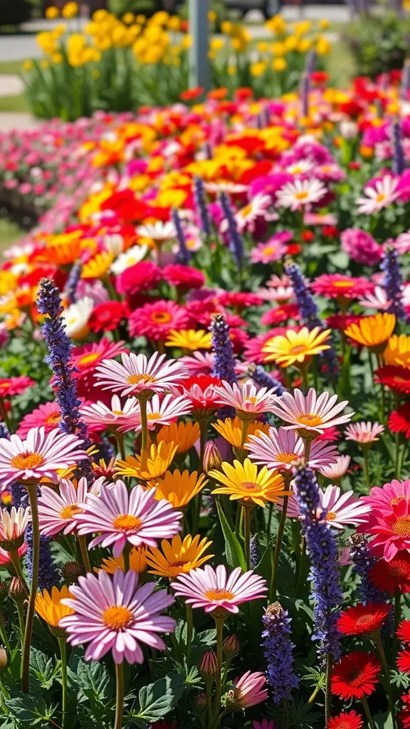 A colorful flower bed featuring daisies, zinnias, and lavender in full bloom.