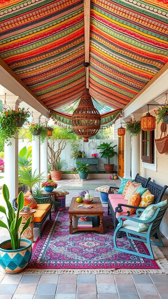 A vibrant patio with colorful textiles, featuring a striped ceiling, cozy seating, and plants.