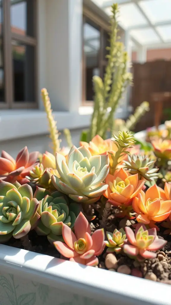 29 Stunning Flower Box Ideas to Brighten Your Outdoor Space 10 A flower box filled with various colorful succulents in different shapes and sizes.