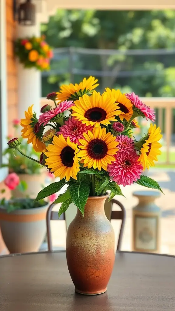 17 Stunning Summer Flower Arrangement Ideas 9 A vibrant bouquet of sunflowers and zinnias in a rustic vase on a table.