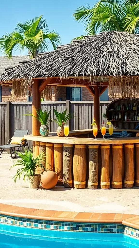 A vibrant tiki bar setup with a thatched roof, wooden structure, and tropical plants beside a pool.