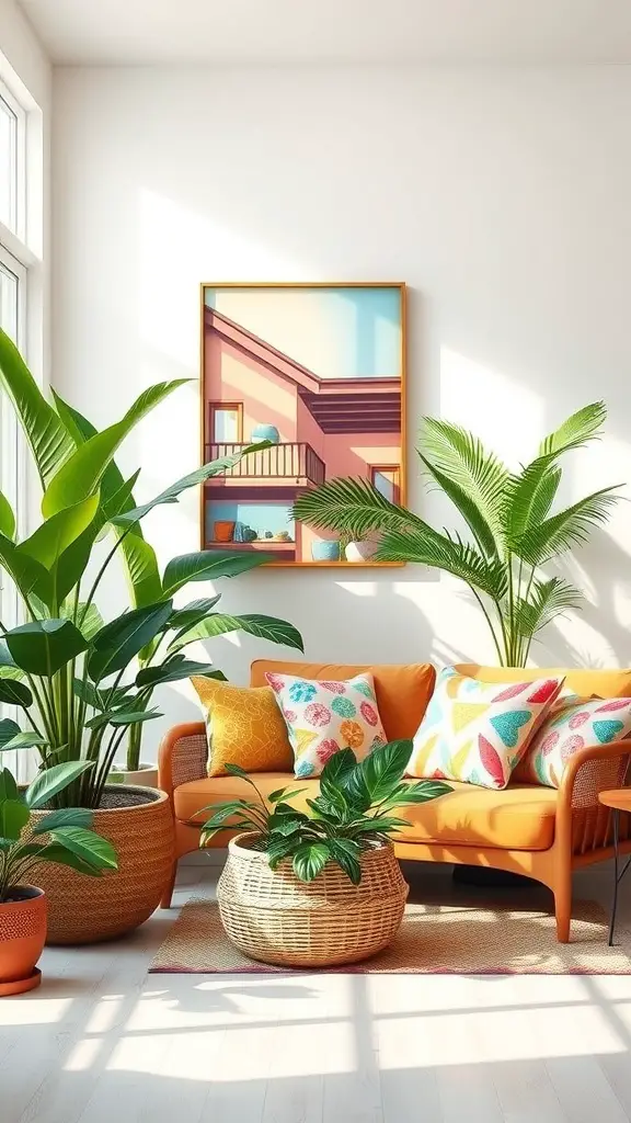 Cozy living space with orange sofa, colorful cushions, and lush greenery