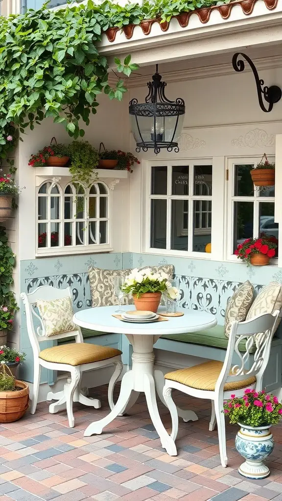 A vintage-inspired outdoor banquette with a cozy bench, round table, and colorful potted plants.