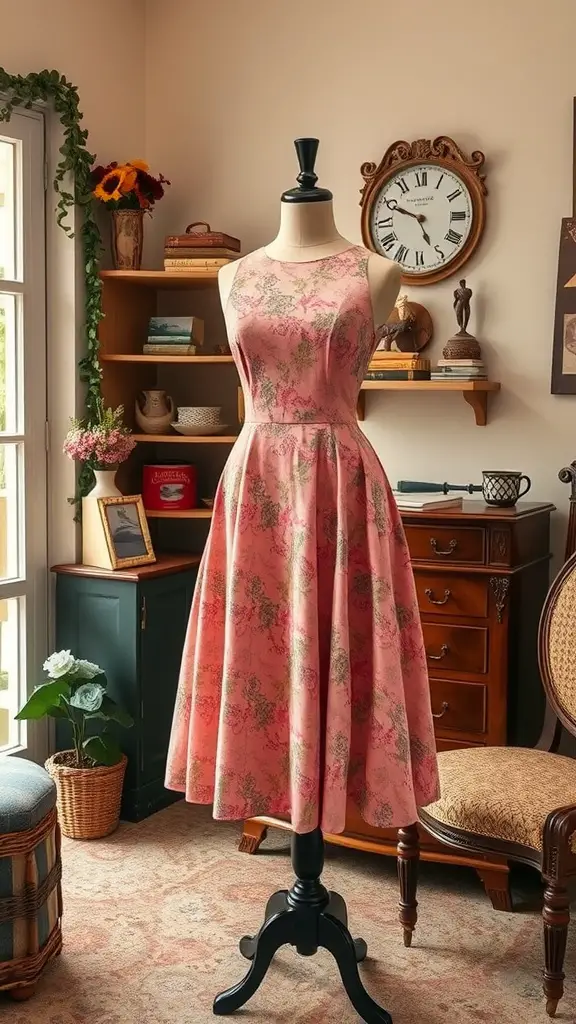 21 Stylish Summer Wedding Guest Dress Ideas to Make You Shine 7 A vintage-inspired tea length dress displayed on a mannequin, featuring a pink floral design in a cozy setting.