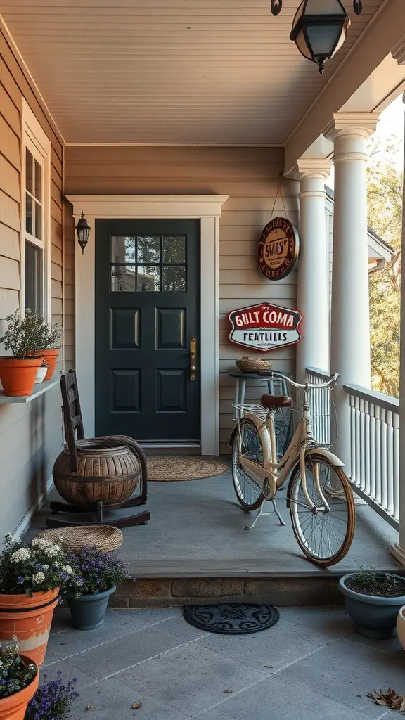 19 Stunning Front Porch Inspiration Ideas for Your Home 12 A vintage-inspired front porch with a blue door, bicycle, potted plants, and wooden accents.