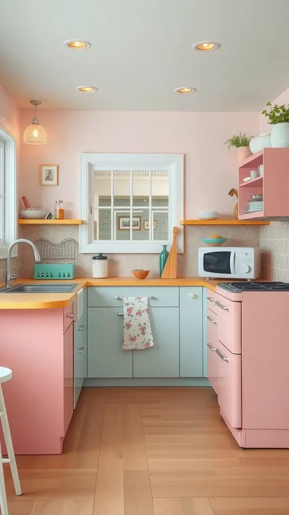 A bright beach house kitchen featuring pastel cabinets and vintage-style appliances.