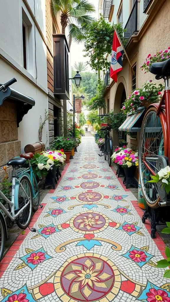 A charming vintage bicycle pathway adorned with vibrant mosaic tiles and surrounded by flowers.