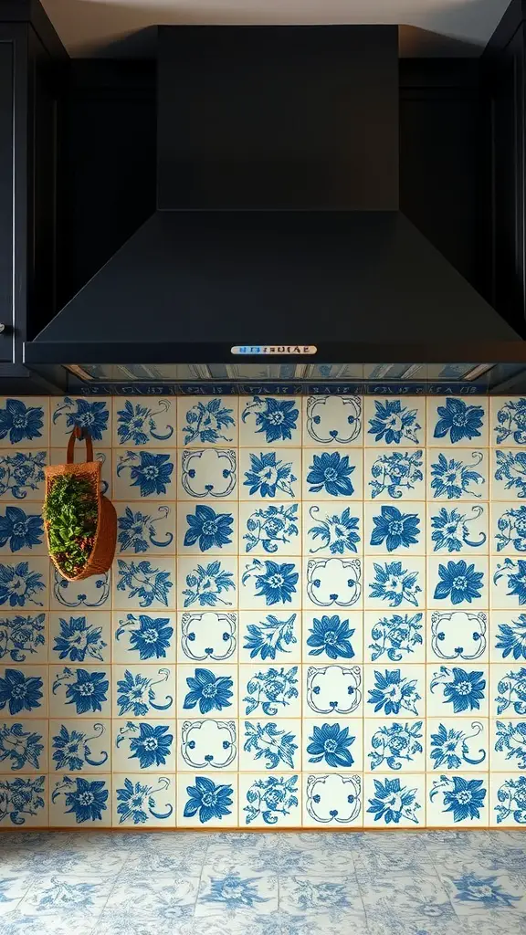 Vintage blue flower tiles installed in a dark kitchen with black cabinets