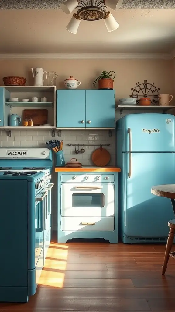 A cozy vintage blue kitchen with retro appliances, wooden counters, and natural light.