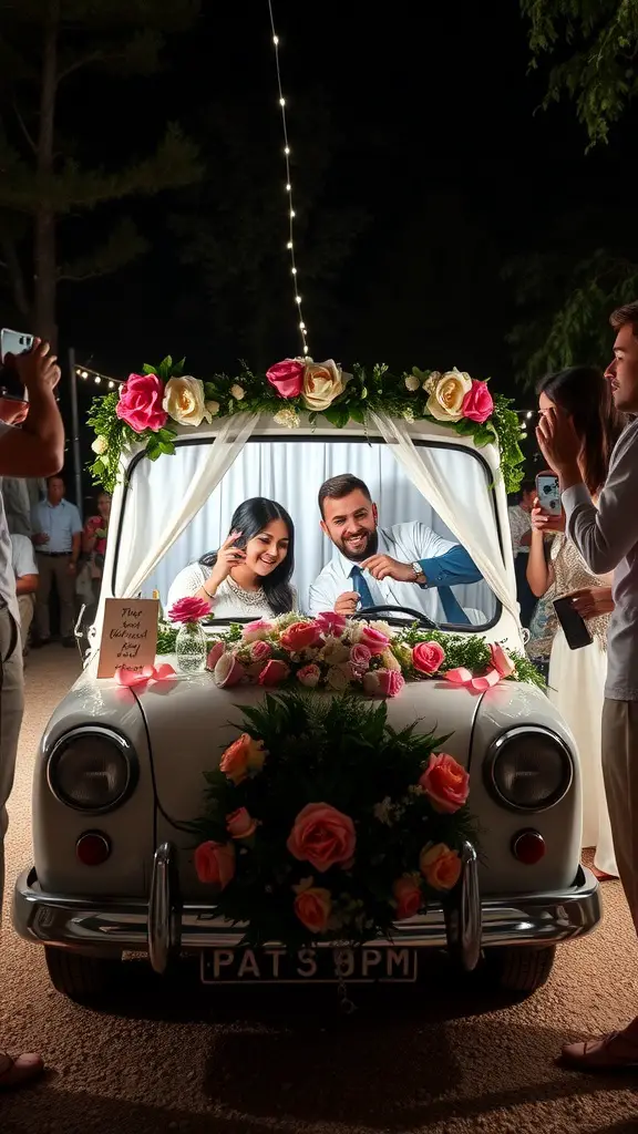 21 Creative Summer Baby Shower Ideas to Celebrate the Arrival of Baby 23 Vintage car photo booth decorated with flowers, capturing guests posing for photos.