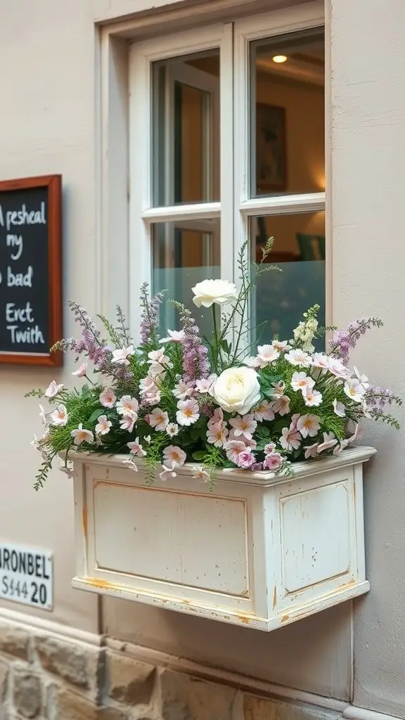 A vintage wooden flower box adorned with colorful flowers, placed beneath a window.
