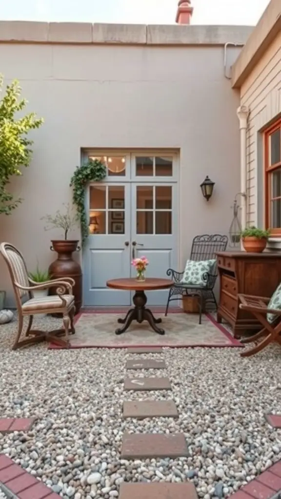 15 Creative Pea Gravel Patio Ideas for Your Outdoor Space 15 A vintage patio with pea gravel, antique furniture, and greenery.