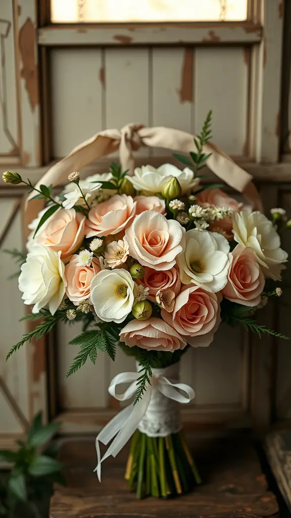 17 Stunning Summer Wedding Bouquet Ideas You’ll Love 10 A vintage garden bouquet featuring soft peach roses and delicate white flowers, tied with a ribbon.