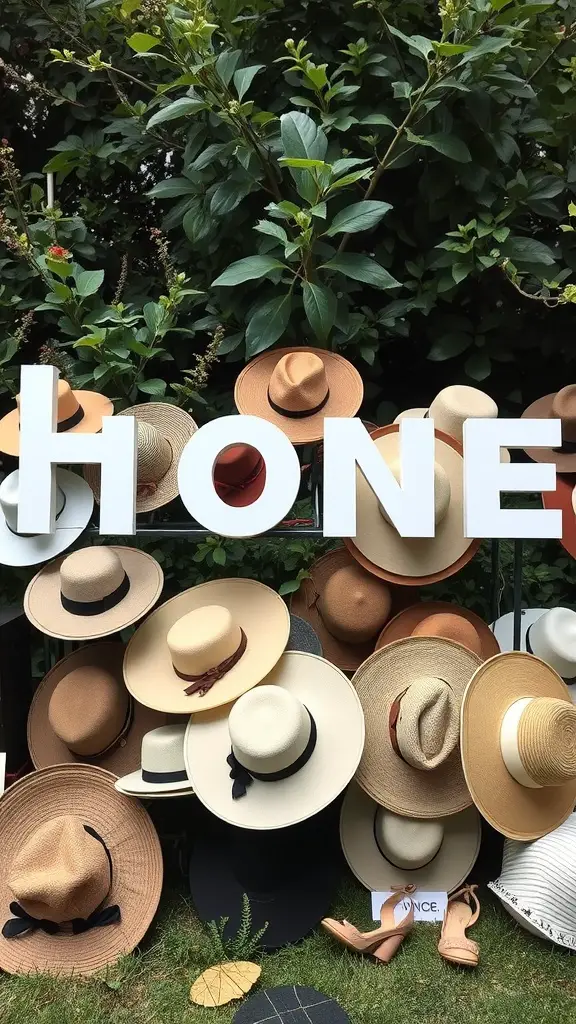 A display of various vintage hats against a green backdrop, with a sign saying 'HONE' in front.