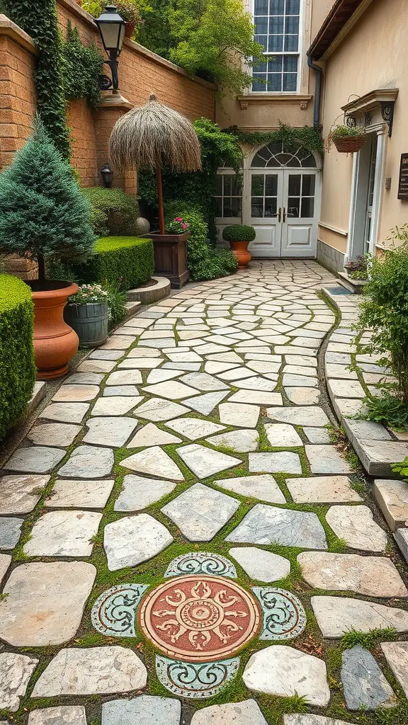 27 Stunning Stone Pathway Ideas for Your Garden Walkways 21 A vintage-inspired stone pathway lined with greenery and potted plants, featuring intricate circular designs
