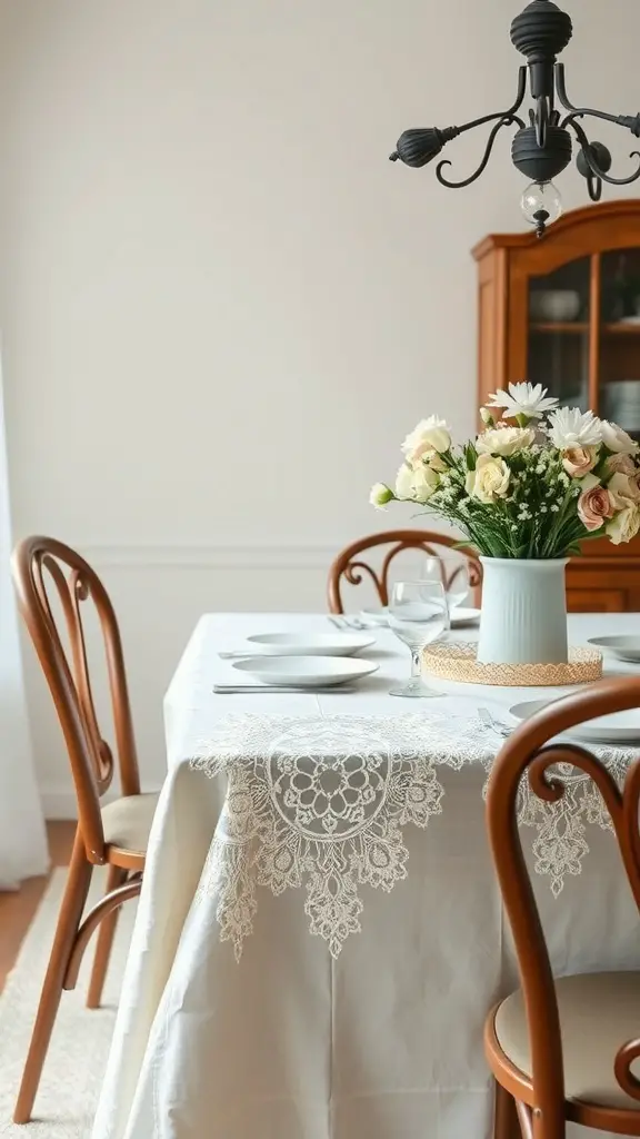 A dining table set with a lace tablecloth and a floral centerpiece, creating a vintage vibe.