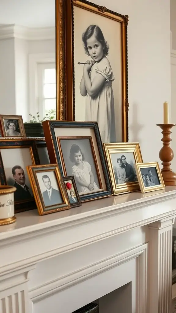 27 Creative Mother’s Day Decor Ideas to Celebrate Mom 21 Vintage photo frames displayed on a mantel with family pictures