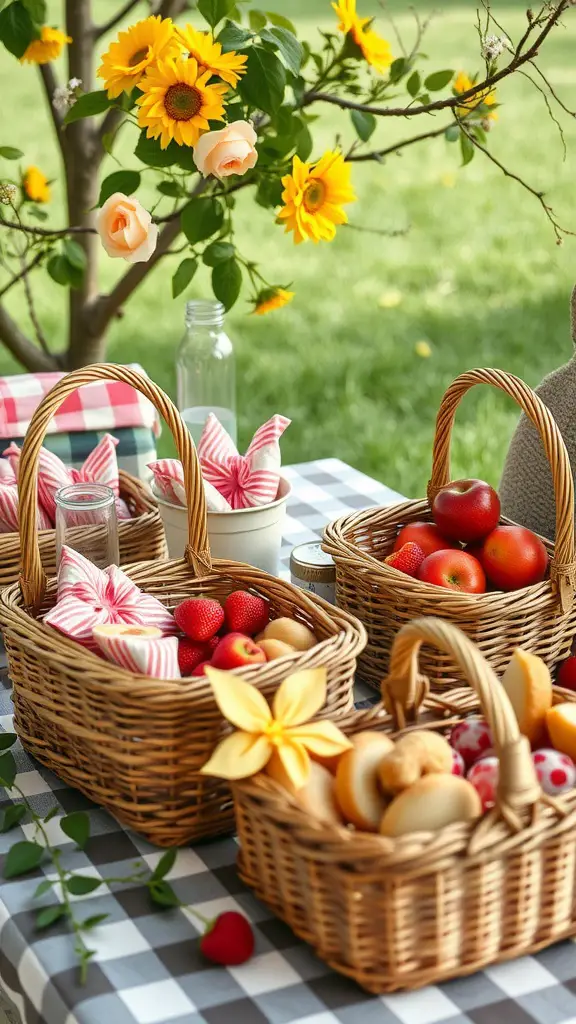 21 Stunning Summer Table Decoration Ideas You'll Love 7 A picnic setup with various vintage wicker baskets filled with fruits and pastries on a checkered tablecloth, surrounded by flowers.