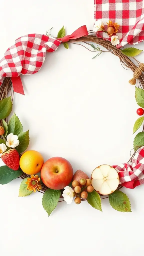 35 Stunning Summer Wreath Ideas for Your Front Door 14 A vintage picnic inspired wreath with colorful fruits, flowers, and a red and white checkered ribbon.