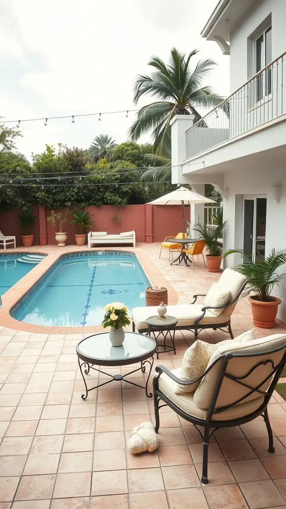 Vintage poolside furniture including chairs and a table, with potted plants and a pool in the background.