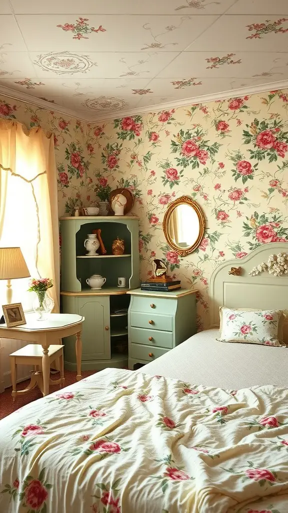 13 Summer Bedroom Aesthetic Ideas to Refresh Your Space 8 A vintage-inspired bedroom with floral wallpaper, soft furnishings, and light decor.