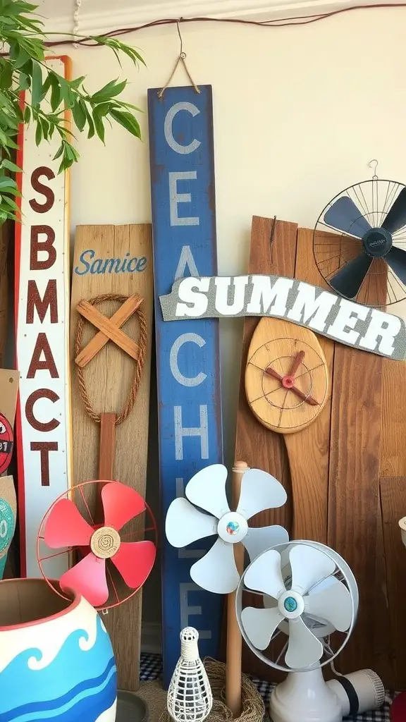 23 Bright and Cheerful Summer Decorations to Enhance Your Home 11 A collection of vintage summer decor items, including wooden signs and decorative fans.