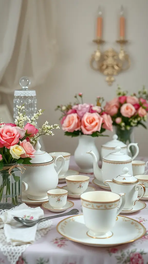 A beautifully set table for a vintage tea party featuring delicate china, flowers, and soft candlelight.