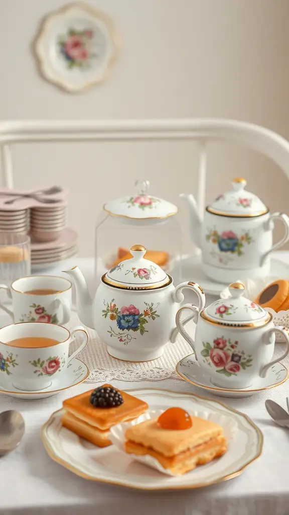 A vintage tea party setup with floral china, a teapot, and pastries.