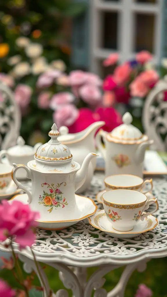 A vintage tea set displayed on a garden table with colorful flowers in the background.