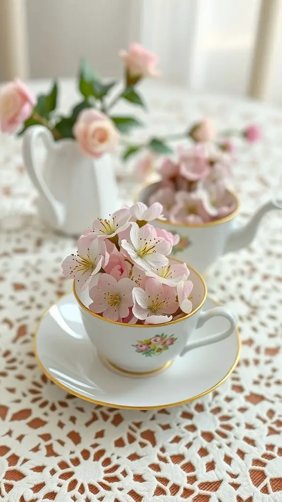 A vintage teacup filled with pink flowers, accompanied by a matching teapot and roses on a lace tablecloth.