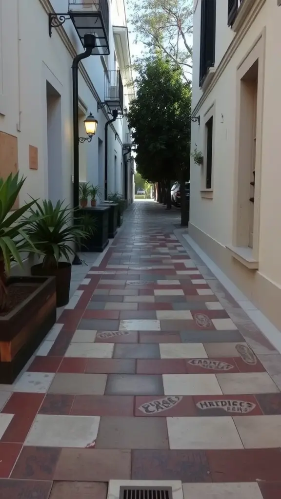 A vintage tile mosaic walkway with a mix of red, beige, and gray tiles, flanked by plants and buildings.